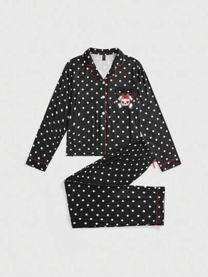 Gothic Polka Punkt Totenkopf Muster Knopfleiste Langarm Pyjama Set
