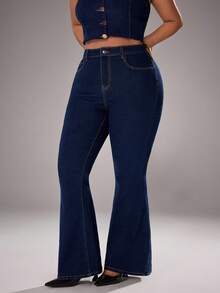 SHEIN Unity Plus Size Women's Fashion Elastic Casual Denim Jeans - Dark Wash - View 6