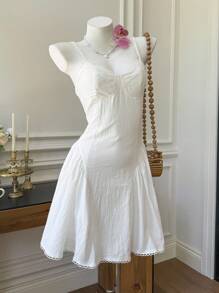 Comfortcana 女式白色梭织无袖蕾丝边夏季吊带裙 - 白色 - 查看 5