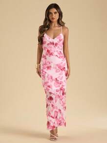 xheSHEIN  Vestido con estampado floral, dobladillo con volantes en capas, elegante atuendo casual de playa y fiesta de verano para mujerxhe - Rosa - Ver 5