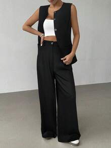 SHEIN EZwear 女士秋冬休闲黑色亚麻西装背心和阔腿裤套装 - 黑色 - 查看 5