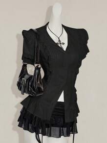 SHEIN ICON Y2k 女式西部乡村音乐会波西米亚嬉皮米色哥特夏季休闲蕾丝边衬衫 - 黑色 - 查看 3