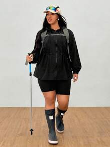 SHEIN EZwear 秋冬大码女式束腰纯色夹克 - 黑色 - 查看 3