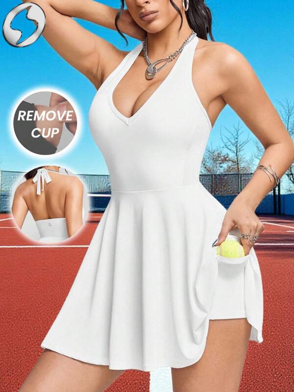 Innovista Vestido deportivo de mujer con costuras de contraste, con pantalón corto incorporado y bolsillo. Mono esencial de entrenamiento sólido con almohadillas desmontables, elástico, de un solo pieza para ejercicio, con espalda descubierta y recorte de malla, transpirable, básico para uso diario, ropa deportiva de oficina a gimnasio, para correr, bicicleta, HIIT, entrenamiento, confort, movimiento, cardio, paddle, golf, CrossFit, al aire libre, saludable, en redes sociales, lista para festivales, rendimiento, minimalista, tono natural, influencer de moda, versátil, uso diario, duradera, premium, apta para la menopausia, vuelta al colegio, colección de fitness, alternativa asequible a Lulu.