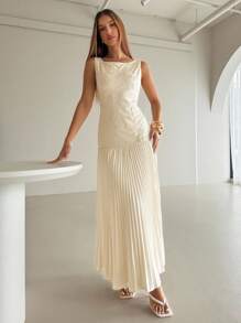 Aloruh Đầm Maxi Không Tay Màu Trơn Thêu Xếp Ly Vá Thanh Lịch Trễ Vai Cho Nữ - Màu be - Xem 7