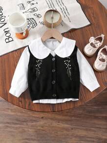 女婴开衫毛衣，黑色绿色枝条和白色刺绣，文艺休闲度假风，适合春、秋、冬季节穿着，保暖背心外套，黑色纽扣时尚开衫，女婴毛衣背心，女婴开衫，开衫，女婴针织背心，女婴毛衣背心 - 黑色 - 查看 3