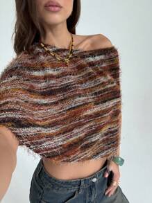Aloruh Women's Maillard Color Faux Fur T-Shirt, One Shoulder - Brown - View 4
