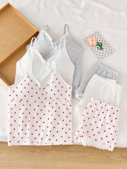 6pcs/Set Girls' Heart Print Casual Sweet & Cute Multicolor Solid Cotton Soft Comfortable Underwear Set, Suitable For Outerwear,Back To School