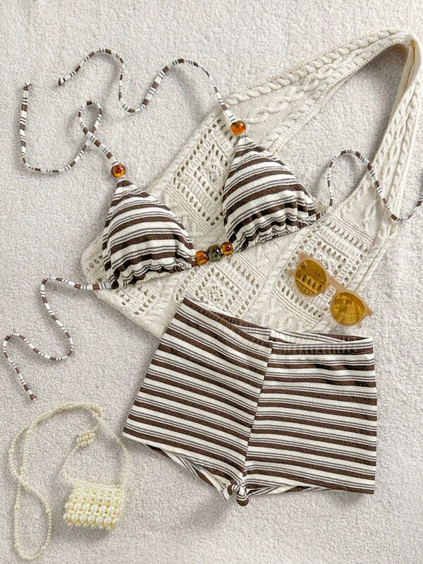 Swim Vcay Women's Summer Casual Cute 2 Pieces Beachwear Set, Resin Bead Decor Triangle Bikini Top And Shorts, Special Fabric Swimsuit