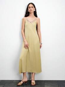 Lumivelle Vestido de satén y brillo con textura de tela de unicolor, decoración de anillo de metal para mujer, vestido de cadena de vacaciones, vestido de verano para la universidad - Verde - Ver 8