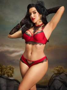 SHEIN 女士性感蕾丝拼布内衣套装，外出穿着 - 酒紅色 - 查看 7