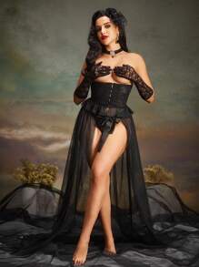 复古蕾丝拼布镂空荷叶边前开合浪漫复古性感女士文胸，可外穿，外出穿着