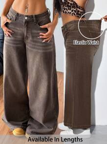 SHEIN PETITE CURVE Plus Size Summer Fall Clothes Autumn Clothes Back To School Homecoming Cute 2000s Style Kawaii Y2k Airport For Women Modest Old Money Tulum Grunge Korean Style Washed Wide Leg Brown Jeans Baggy Jeans Wide Leg Pants Woman,Fall Clothes For Women