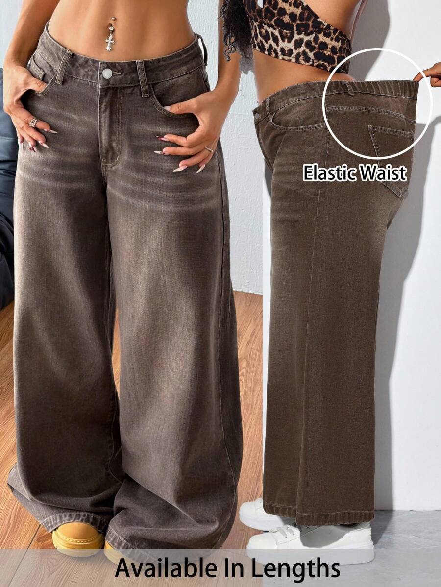 SHEIN PETITE CURVE Plus Size Summer Fall Clothes Autumn Clothes Back To School Homecoming Cute 2000s Style Kawaii Y2k Airport For Women Modest Old Money Tulum Grunge Korean Style Washed Wide Leg Brown Jeans Baggy Jeans Wide Leg Pants Woman,Fall Clothes For Women