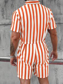 Manfinity Homme 男士条纹短袖单排扣抽绳腰口袋休闲衬衫和牛仔连体裤