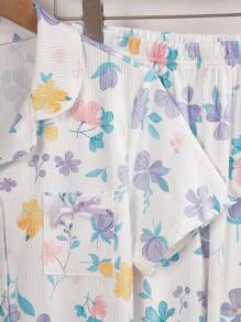 女童修身休闲轻便睡衣套装，优雅彩色花卉印花翻领开衫和长裤，2 件套家居服 - 白色 - 查看 4