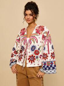 Travachic Áo kiểu dáng rộng rãi, lửng, chất liệu chiffon in họa tiết hình học, họa tiết boho, thích hợp cho nữ, thích hợp mặc đi nghỉ mát, có dây buộc phía trước, dành cho nữ. - Nhiều màu - Xem 3