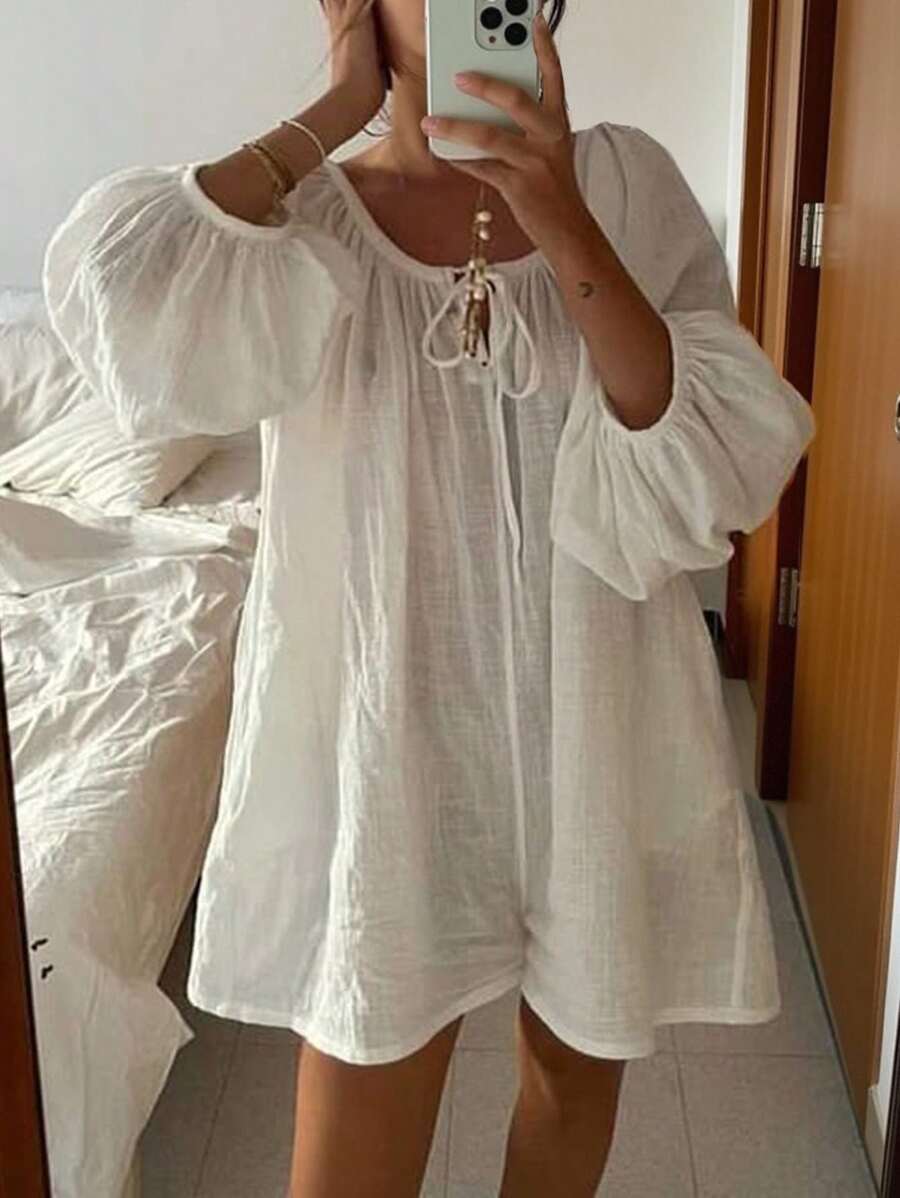 INAWLY Women's Casual Vintage Romantic Solid Color Round Neck Long Sleeve Dress Fall Cloth For Women - White - View 1