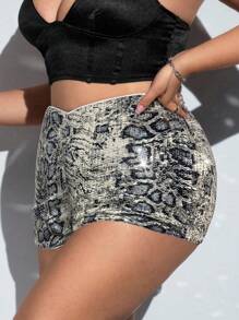 SHEIN ICON Plus Size Fashionable Leopard Print Sequin Shorts, Summer - Black and White - View 1