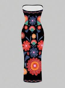 SHEIN SXY Vestido ajustado bohemio y casual con estampado floral para mujer, adecuado para vacaciones de verano