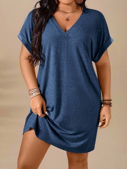 EMERY ROSE Plus Size V-Neck Solid Color Turnup Sleeve Midi Casual Sun Dress, Spring