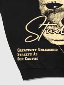 ROMWE MEN Street Life Men's Casual Figure & Letter Print Hoodie Sweatshirt, Autumn/Winter - Black - View 7