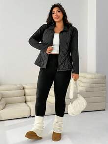 SHEIN EZwear Plus Size Elastic Waist Pockets Patchwork Jacket, Autumn/Winter Fall - Black - View 5