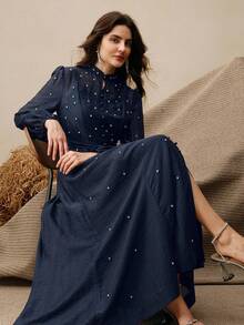 Anewsta Women's Long Dress With 3D Rhinestone Decor, Elegant And Versatile Formal Gown - Navy Blue - View 1