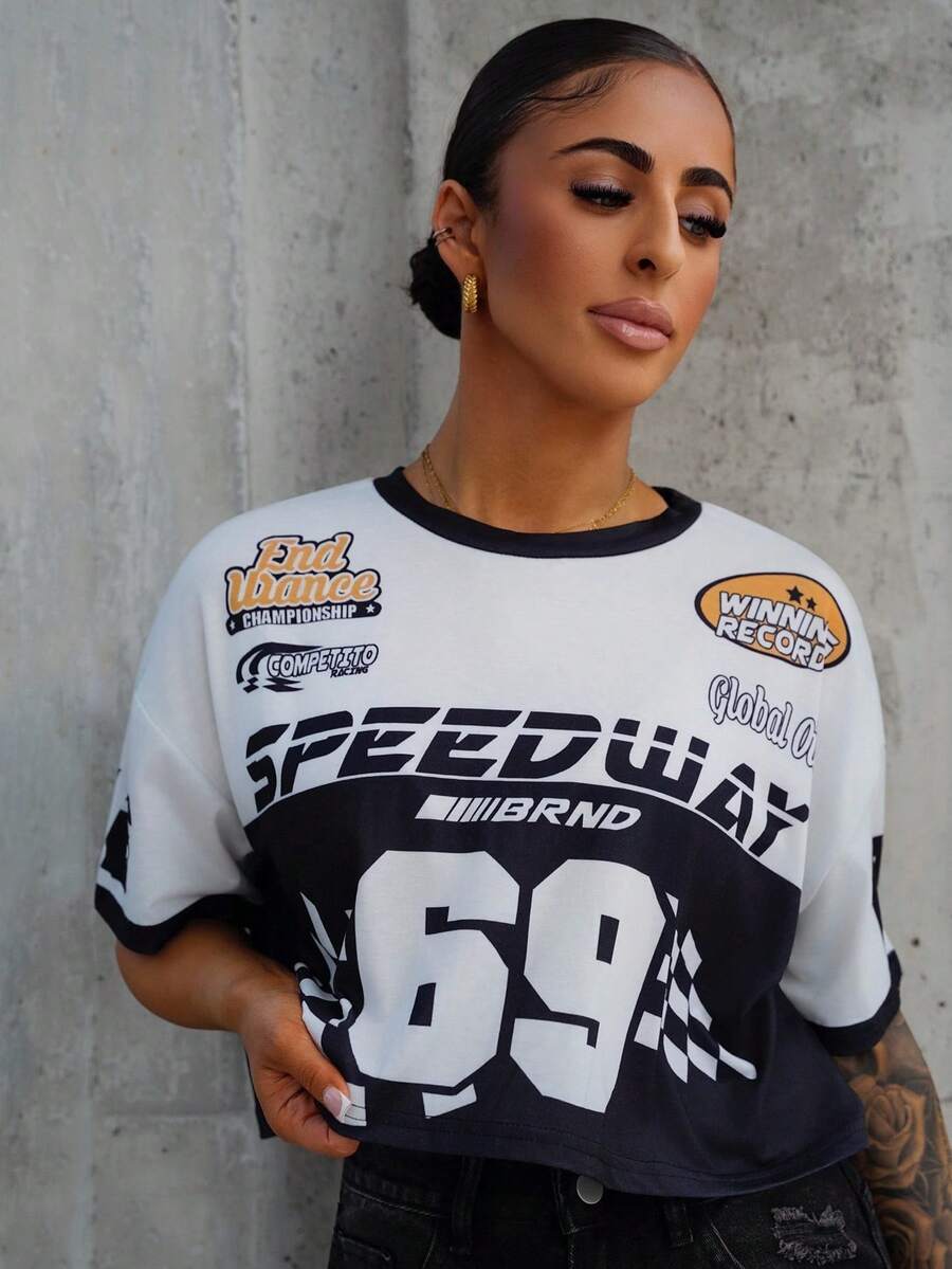 SAYEHFBABY Women's Letter Print Round Neck Drop Shoulder Short Sleeve Casual Black & White Racing T-Shirt - Black and White - View 1
