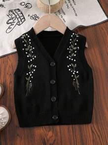 女婴开衫毛衣，黑色绿色枝条和白色刺绣，文艺休闲度假风，适合春、秋、冬季节穿着，保暖背心外套，黑色纽扣时尚开衫，女婴毛衣背心，女婴开衫，开衫，女婴针织背心，女婴毛衣背心 - 黑色 - 查看 1