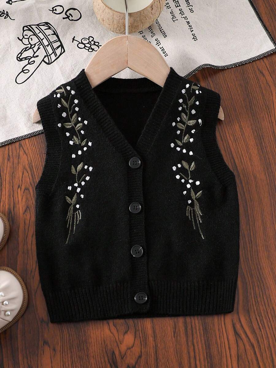 女婴开衫毛衣，黑色绿色枝条和白色刺绣，文艺休闲度假风，适合春、秋、冬季节穿着，保暖背心外套，黑色纽扣时尚开衫，女婴毛衣背心，女婴开衫，开衫，女婴针织背心，女婴毛衣背心 - 黑色 - 查看 1