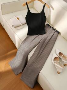 Franclia Women Casual Tank Top, Women Straight Leg Casual Striped Pants, Versatile - Khaki - View 3