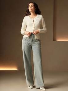 Anewsta Women's Elegant Knitted Cardigan With Pearl Buttons And Floral Embroidery, Round Neck, Suitable For Autumn/Winter