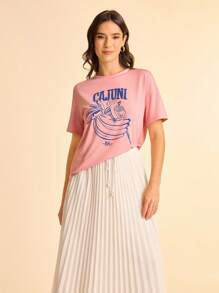 CAJUNI 女式粉色鹦鹉字母印花休闲宽松T恤，夏季基本款上衣/秋季服装 - 棕色 - 查看 6