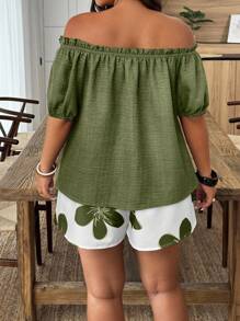 Weeklong Leisure Vacation Style Solid Color One Shoulder Blouse & Floral Print Shorts 2pcs Set, Plus Size - Multicolor - View 2