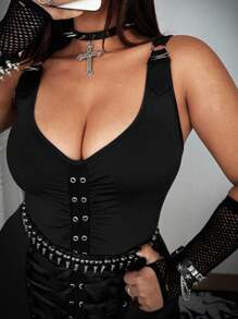 Whyspr Große Größen Grunge Punk Dunkel Punk Ösen Schnürdetail Goth Kleid - Schwarz - Übersicht 8