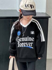 DAZY 女童V领艺术印花长袖卫衣，秋冬新款女童服装 - 黑色 - 查看 5