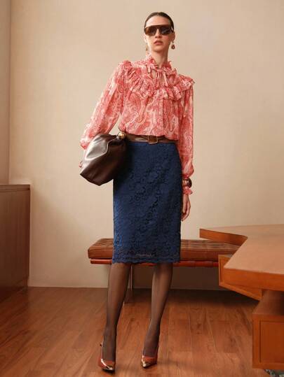 Arave 女士雪纺佩斯利印花法式优雅拼布荷叶边下摆宽松休闲女士长袖衬衫，复古女装，女士教师装，旅行机场，娃娃装上衣，秋季女装，女士长袖上衣，荷叶边上衣，女士度假装，女士度假装，女士优雅装，女士长袖上衣