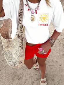 DrmWander 女式休闲图案 T 恤，街头风格，全白配红色点缀，短袖，可爱夏季上衣，度假氛围