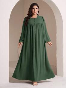 Veilorie Vestido elegante de unicolor estilo árabe para mujer de talla grande - Verde militar - Ver 5