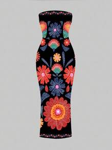 SHEIN SXY Vestido ajustado bohemio y casual con estampado floral para mujer, adecuado para vacaciones de verano