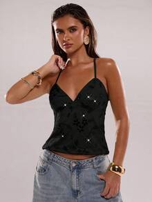 SHEIN BAE 女士夏季亮片花卉精致优雅吊带背心 - 黑色 - 查看 3