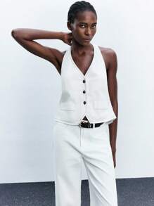 Maija ملابس علوية كاجوال أبيض للنساء بياقة حلقة وظهر مكشوف، طراز عطلة عارضة