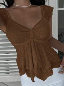 SHEIN EZwear Áo hai dây tay lửng xếp lớp bất đối xứng phối ren lãng mạn kiểu Pháp - Cà phê nâu - Xem 6
