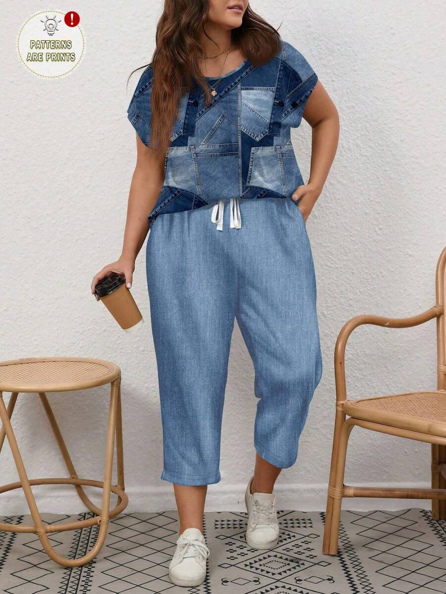 EMERY ROSE 2 件加大码套装：音乐节印花蓝色七分裤，适合春夏季度假