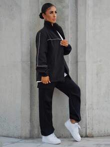 SAYEHFBABY Chaqueta deportiva blanca con cremallera y decoración de ribete a rayas