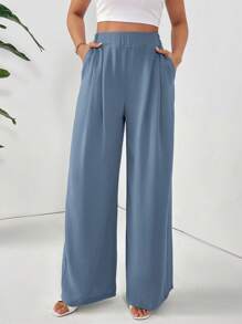 SHEIN Essnce Women's Casual Versatile Solid Color Wide Leg All-Match Pants - Dusty Blue - View 4