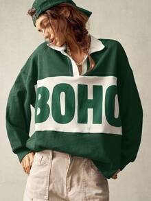 Bohemela 女士休闲运动针织拼布领长袖宽松常规卫衣波西米亚风衬衫波西米亚风上衣女士卫衣秋冬绿色卫衣 - 彩色 - 查看 8