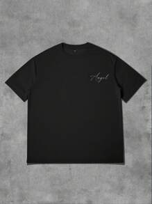 Manfinity EMRG Men's Avant-Garde Black Graphic Tee Featuring A Striking Female Deity Angel Print. This Street Casual Round Neck Short Sleeve Knitted T-Shirt Offers A Bold Statement Piece For Modern Styling. - Black - View 4