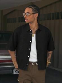 AXEPEAK 多尺寸翻领短袖宽松男士衬衫，手工刺绣花卉图案 - 黑色 - 查看 4